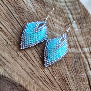 Blue Seed Bead Leaf Earrings, Long Fringe Earrings