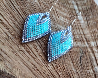 Blue Seed Bead Leaf Earrings, Long Fringe Earrings
