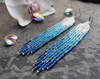Blue Ombre Seed Bead Earrings, Long Fringe Earrings