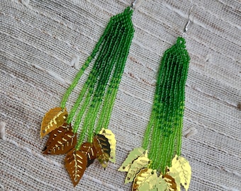 Long Green Ombre Seed Bead Earrings with Leaves