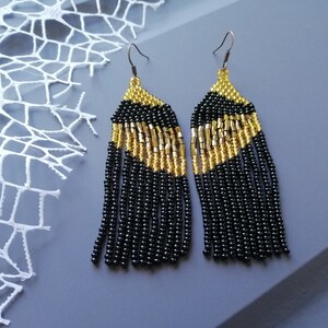 Gold  and black bead earrings, asymmetry geometric earrings, beaded fringe earrings
