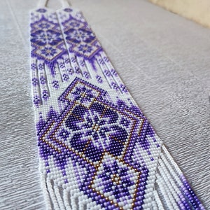 Gerdan  geometric, traditional Ukraine necklace, purple and white, Ukrainian ornament, Seed bead gerdan