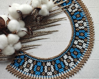 Blue Gold Beaded Collar Necklace, Ukrainian Statement Jewelry, Elegant Sylianka Bib Necklace, Handmade Gift for Her