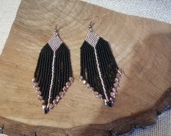 Black and rose gold bead earrings, Long seed gradient, geometric earrings, beaded fringe earrings