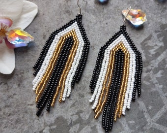 Black, white and gold bead earrings, geometric earrings, beaded fringe earrings