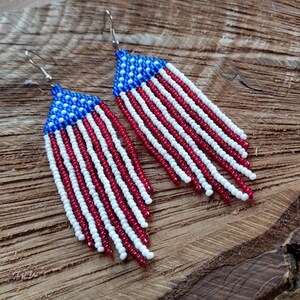 American Flag Beaded Fringe Earrings, Patriotic Jewelry