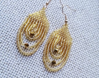 Long Gold Seed Bead Earrings, Ombre Fringe