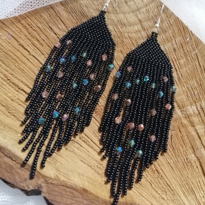 Long black bead earrings, Starry night, Long ombre earrings, beaded fringe earrings