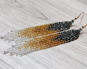 Long Ombre Seed Bead Earrings, Gradient Fringe Design