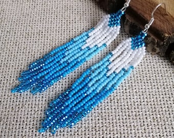 Long Blue Ombre Seed Bead Earrings, Fringe Earrings