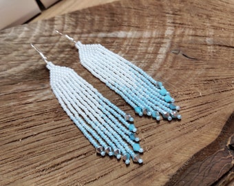 Long Blue Ombre Seed Bead Earrings