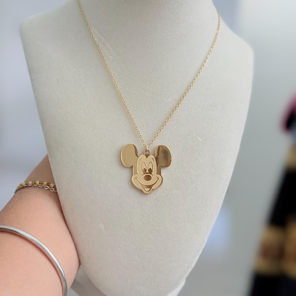 Big Face mouse face necklace; Gold Disney necklace