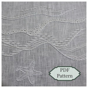 May include: White linen fabric with a white embroidered design of waves and a starfish. The text "PDF Pattern" is in a green hexagon.