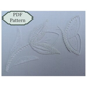May include: White embroidery pattern with a butterfly and leaves. The pattern is labeled "PDF Pattern".
