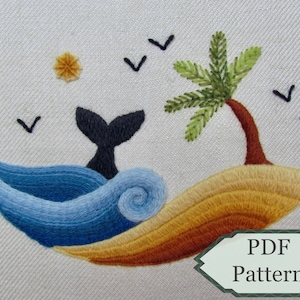 May include: Embroidered design featuring a blue whale tail emerging from a wave, a palm tree on a sandy beach, and a yellow sun with birds flying overhead. The design is labelled "PDF Pattern".