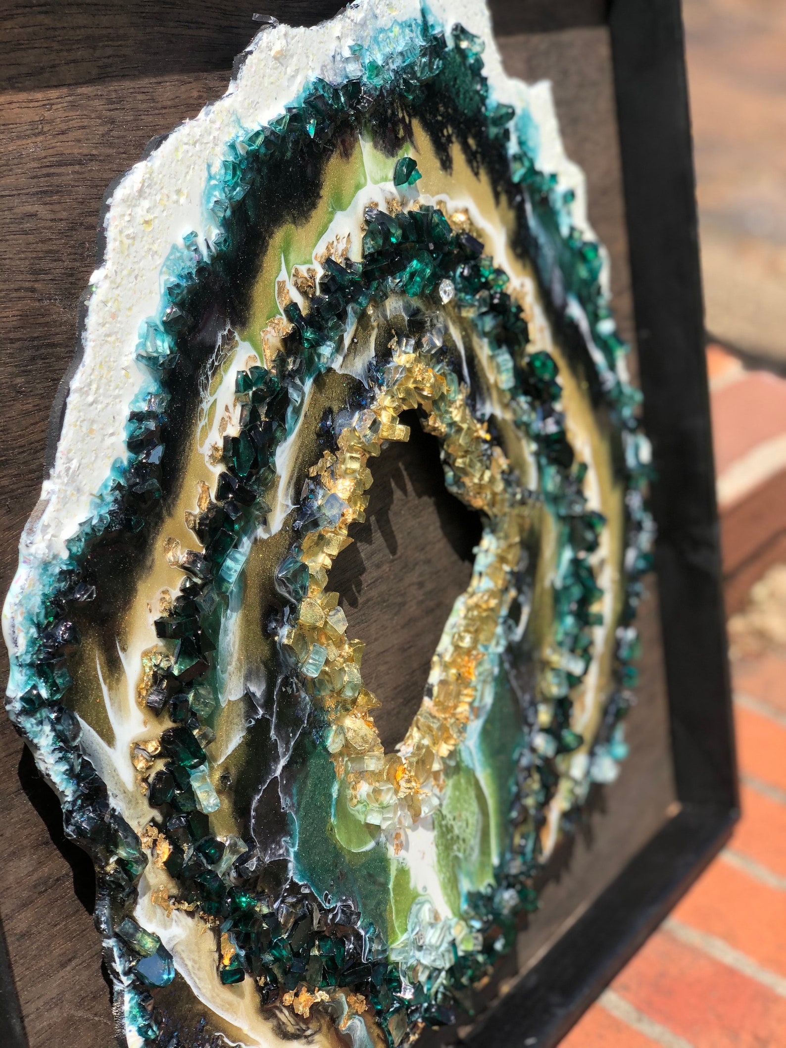 Green and Gold Resin Geode Art in Shadow Box Etsy