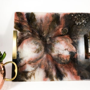 Pink and White Marbled Rectangular Resin Vanity Tray with Gold Handles