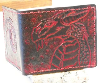 Cartera plegable de cuero hecha a mano: diseño personalizado de dragón rojo