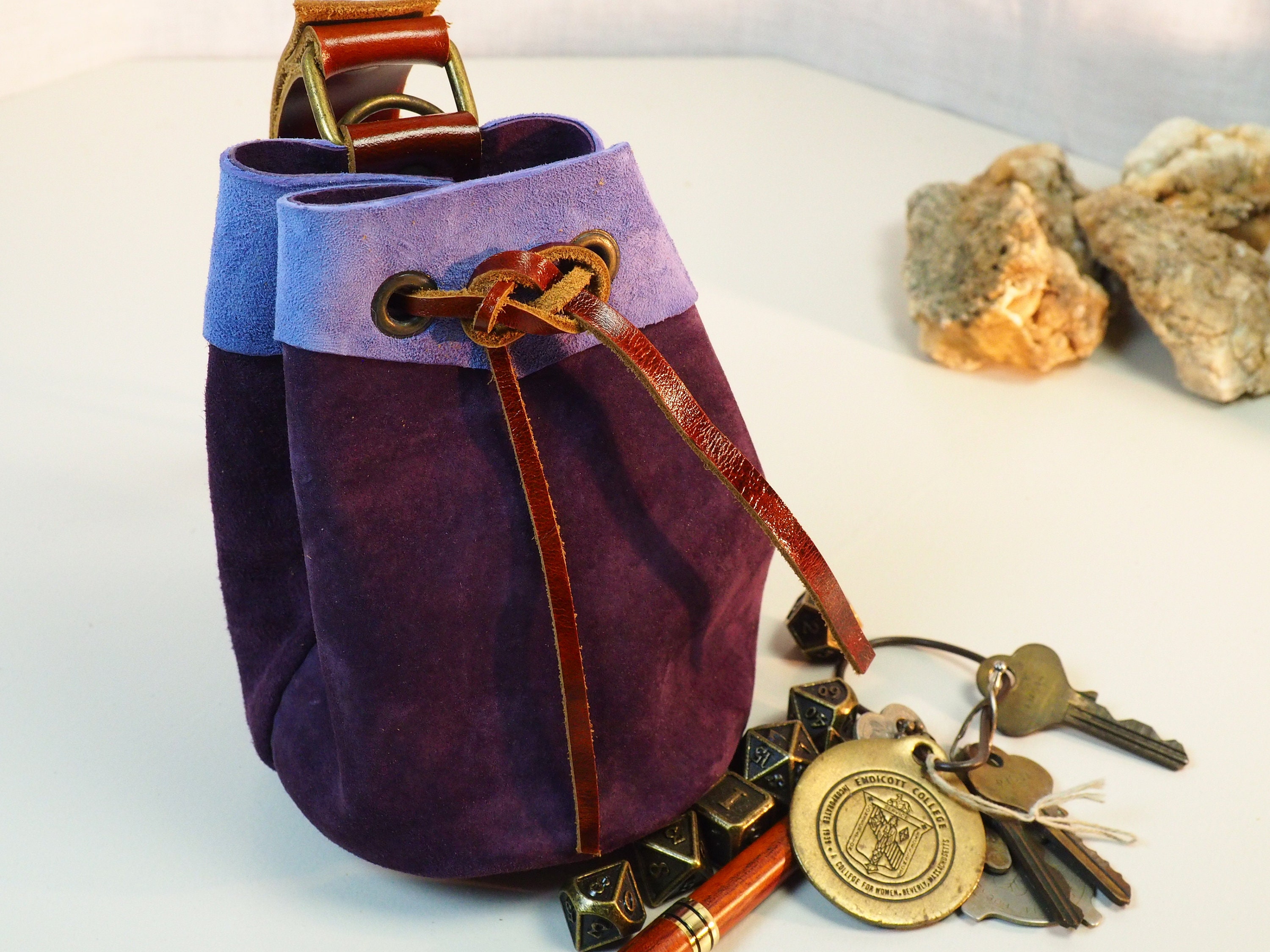 Sky Blue and Purple Medium Leather Pouch Belt Bag; Medieval Satchel Style Hip Bag; Baby Blue Drawstring Handbag; Light Blue Coin Purse
