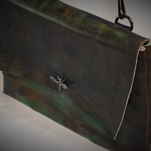 Simple Green Leather Messenger Bag; Black and Green Messenger Satchel; Crossbody Laptop iPad Case