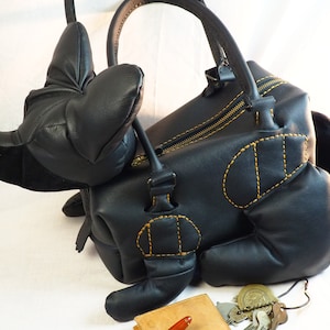 100% Cuero Negro Fox Monedero; Bolso de hombro diseñado a medida; Un bolsillo de animales único