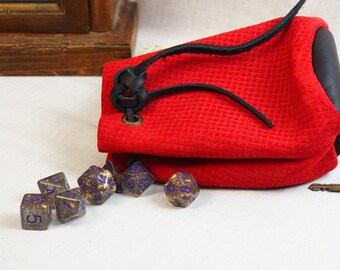 Handmade Leather Dice Bag: Red & Black RenFaire Drawstring Pouch