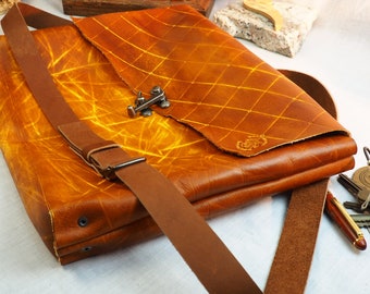 Simple Leather Messenger Bag; Brown and Yellow Messenger Satchel; Crossbody Laptop iPad Case