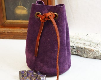 Custom Leather Dice Pouch; RenFaire LARP Costume Accessory; Purple an Red Drawstring Pouch; Leather Dice Bag; Personalized Leather Satchel