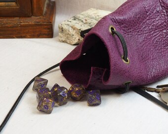Purple and Black Drawstring Pouch; Handmade Custom Leather Dice Bag; Personalized Leather Satchel; RenFaire LARP Costume Accessory