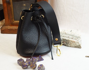Handmade Leather Dice Bag: Black Drawstring Pouch, RenFaire Accessory