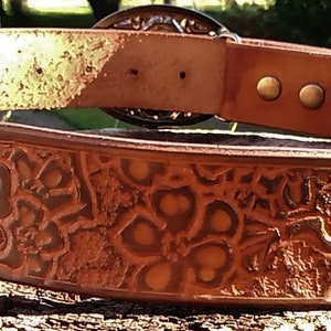 Hand Tooled Leather Belt with Cherry Blossom Pattern; Personalization Available