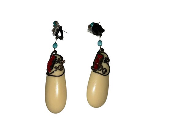 Iris Apfel & Bajalia Dangle Earrings Cream Red Bo… - image 2