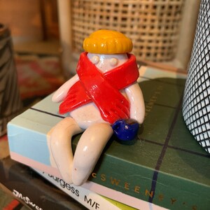 Cute mini polymer clay character with hat, scarf and coffee, shelf decoration