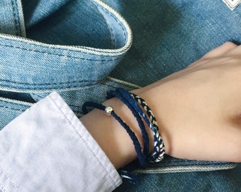 Neza Studio Indigo Hand dye Blue braided pattern unisex kumihimo bracelet/Necklace friendship with silver beads and Initial letter
