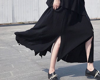 Black Cotton Linen Slit Skirt Elastic Waist Band with Ribbon Details Neza Studio
