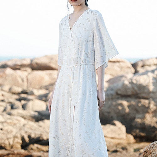 White Maxi Dress With OBI Embroidery Waist Band V Neck Slit - Etsy