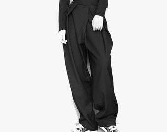 Black Suit Pants Loose Fit Trousers Wide Leg Soft Cotton Pants Neza Studio Long Trousers Unisex Pants Minimalist Style Flexible waist