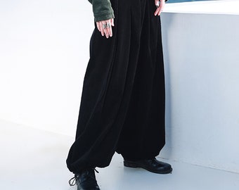 Black Corduroy Pants Wide Leg Corduroy Velour Pants Adjustable Waist Band Drawstring Detail Hem Neza Studio Harem Pants Unisex trousers