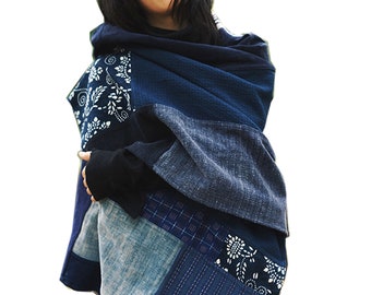 Large Patchwork scarf Indigo Blue shawl boro scarf Vintage Fabric Patch scarf women's scarf Hand Woven Fabric wrap hood blanket dark blue