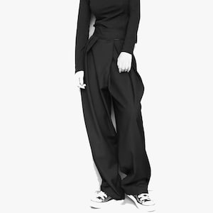 Black Suit Pants Loose Fit Trousers Wide Leg Soft Cotton Pants Neza Studio Long Trousers Unisex Pants Minimalist Style Flexible waist