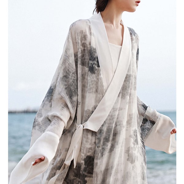 Linen Hanfu Robe Kimono robe white camisole dress Flowing robe cross strap dress sheer long kimono white maxi dress Hanfu top linen hanfu