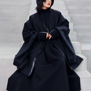 Neza Studio Black Over Sized Chinese Hanfu Modified Jacket Kimono Style Chinese Traditional Jacket Kimono Cotton Cape Coat Unisex Overcoat