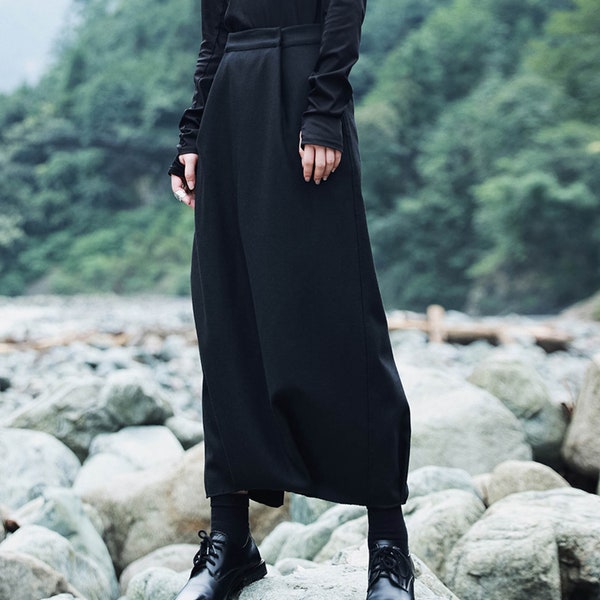 Black Wool Skirt Adjustable Waist Minimalist Style Winter Skirt