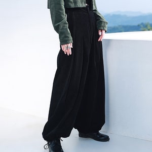 Black Corduroy Pants Wide Leg Corduroy Velour Pants Adjustable Waist Band Drawstring Detail Hem Neza Studio Harem Pants Unisex trousers