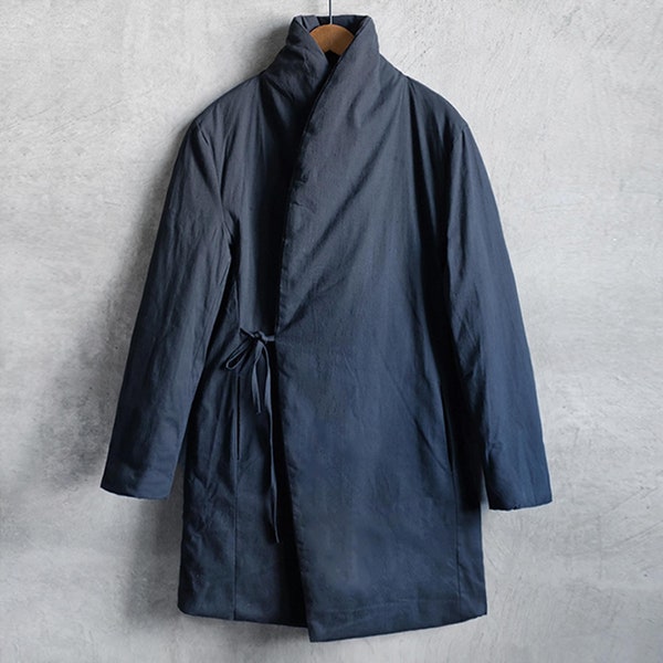 Veste modifiée Hanfu chinoise Manteau matelassé en coton noir Manteau kimono Veste traditionnelle chinoise Manteau rembourré kimono en coton Pardessus unisexe