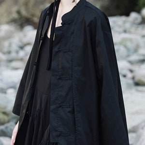 Black Hanfu Shirt Chinese Toggle Closure False Two-piece Design Spring Summer Cotton Shirt Modified Hanfu Chinese Top Neza Studio