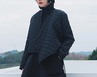 Quilted Kimono Jacket Black Padded Winter Chinese Short Coat Neza Studio Chinese Hanfu Jacket Tang Style Jacket Quilted Skirt Down Jacket