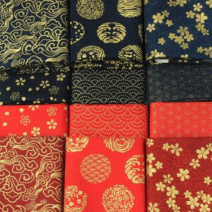 Japanese Fabrics Navy Red Cotton Linen Blended Prints Gold Hot-stamping Cotton Half Yard/ One Yard Unit