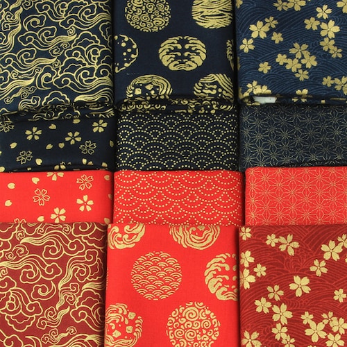 Japanese Fabrics Navy Red Cotton Linen Blended Prints Gold Etsy