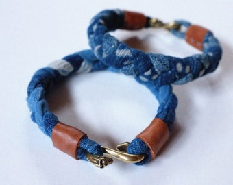 Neza Studio Handmade Indigo Hand dye Blue braided unisex kumihimo bracelet with Copper buckle 3 sizes gift for him